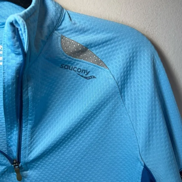 Saucony Athletic 1/4 Zip Pullover Shirt Blue Running Reflective Zip Pocket Small - Image 5