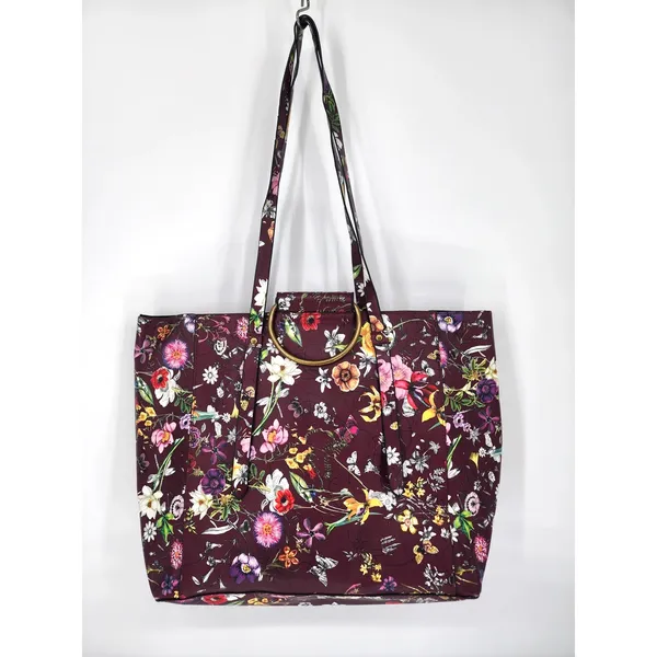 Burgundy Floral Vinyl Tote Bag Gold Ring Detail Large Work Purse 18x12x6 - Image 4