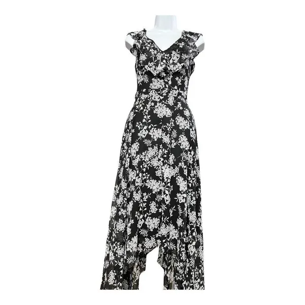 Banana Republic Elegant Ruffle Dress Black/White Floral print Size 4 Asymmetric - Image 2