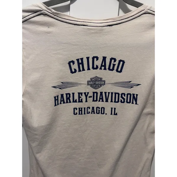 Harley Davidson Chicago IL T-Shirt Small Cream Graphic Tee Rhinestone Flame - Image 6