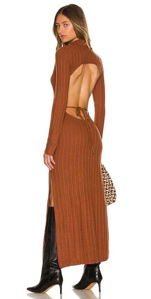NWT L'Academie Revolve Arina Brown Maxi Sweater Dress Large Knit Open Back - Image 15
