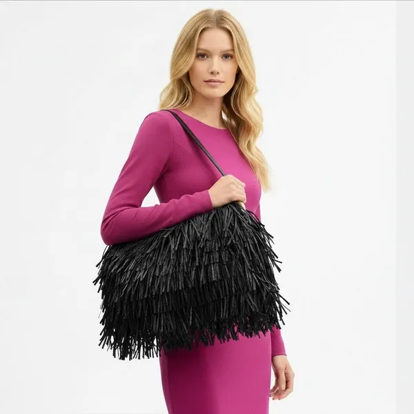 COACH Kisslock Frame Bag 27 Black Straw Leather Fringe Handbag CEN92 B4/BK NWT - Image 5