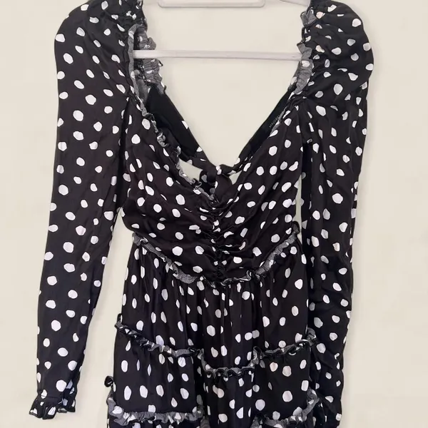 Majorelle black polka dot mini dress with ruffle details and tie-up front Small - Image 5