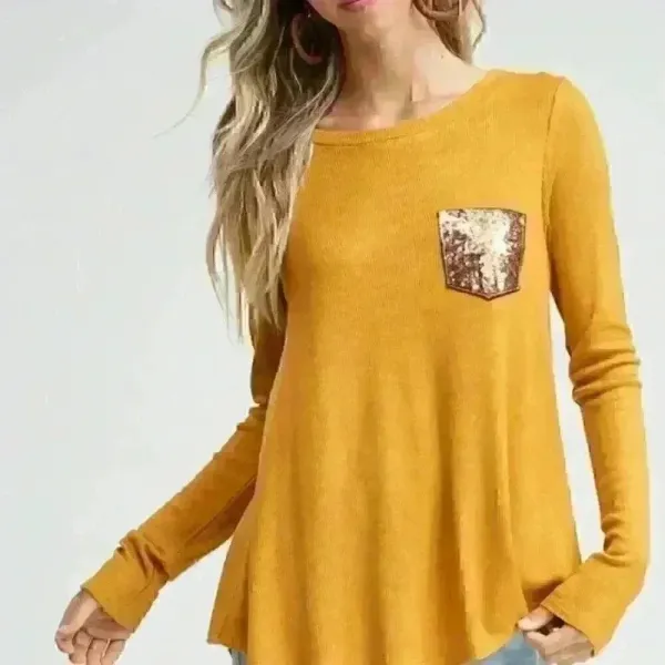 White Birch 9. Mustard Thermal Top with Sequin Pocket and‎ Buttons - Image 5