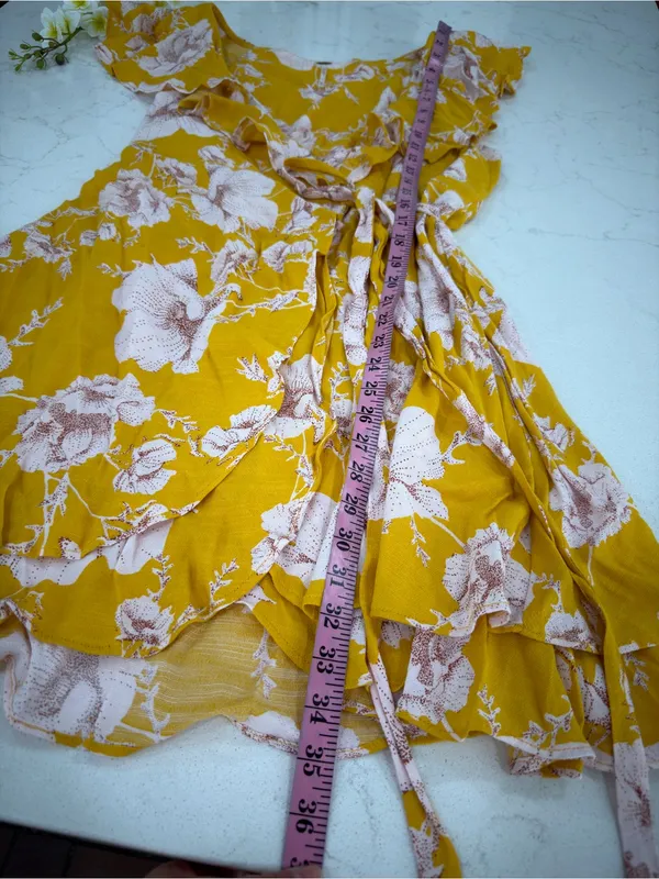 Free People Yellow Floral Wrap Mini Dress - Image 6