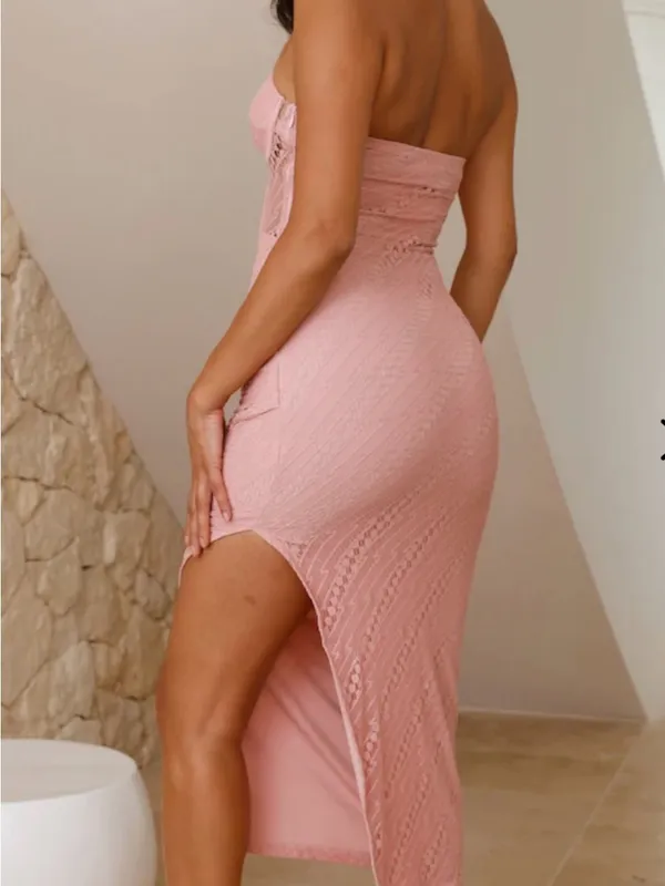 Hello Molly Strapless Lace Midi Dress in Blush Pink - Image 3