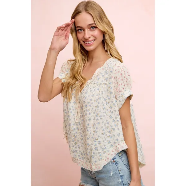BiBi Floral Crinkle Neckdrop Short Sleeve‎ Blouse Top - Large - Image 4