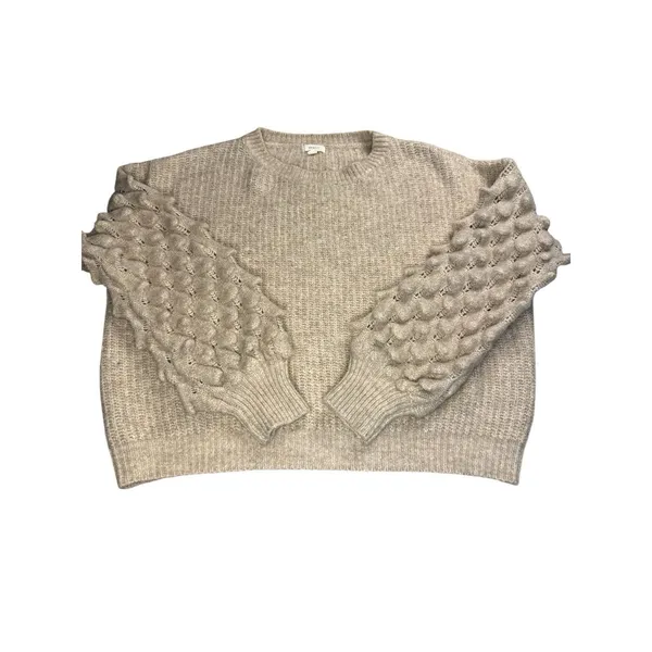 DEBUT Oatmeal Beige Knit Sweater Puffy Crocodile Stitch Sleeves Medium Cropped‎ - Image 2