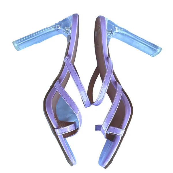 Womens 7 Lavender Patent Strappy Clear Lucite Heel Y2K Sandals Top Moda - Image 2