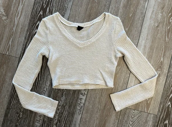 SheIn Sz S Long Sleeve Waffle Weave Cream Ivory Knit Top - Image 2
