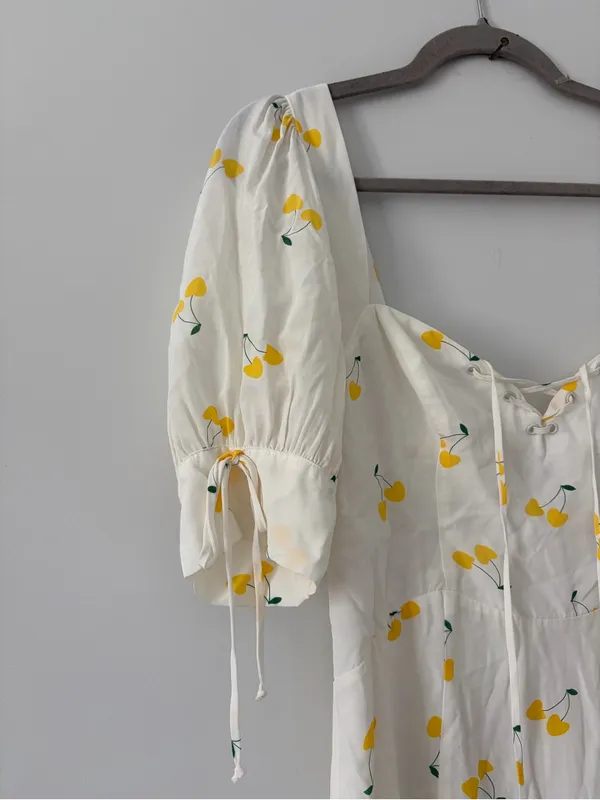 For Love & Lemons Ashland Lace Up White Yellow Cherry Print Y2K Boho Mini Dress - Image 3