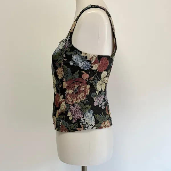 VICI Floral Tapestry Corset Top Size Small Multicolor Black Woven Zip Front - Image 3