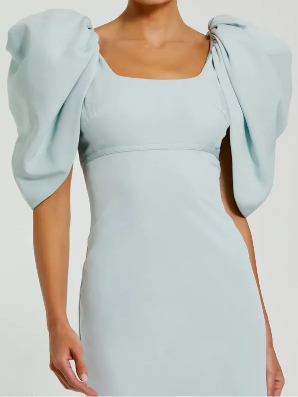 MAC DUGGAL Size 8 Blue Fitted Crepe Square Neck Gown Dress With Puff Sleeves - Image 2