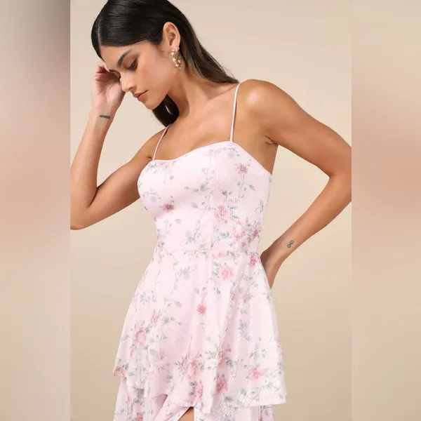 Lulus Flourishing Shine Light Pink Floral Sequin Tiered Maxi Dress Size Large - Image 3