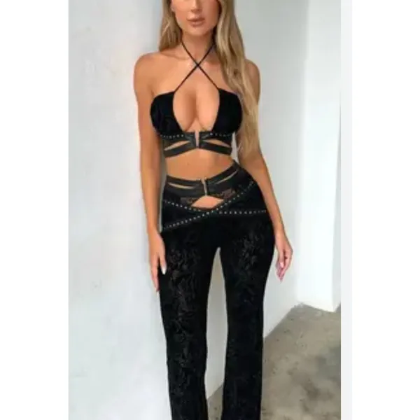 Outcast Jumpsuit Lace Cutout Halter Macy Size L Black - Image 9