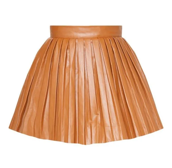 Camel Faux Leather Pleated Skater Skirt - Image 4