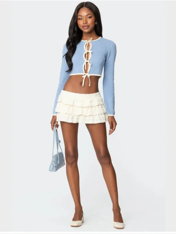 Edikted Margaux Textured Ruffle Mini Skort Cream XS - Image 2