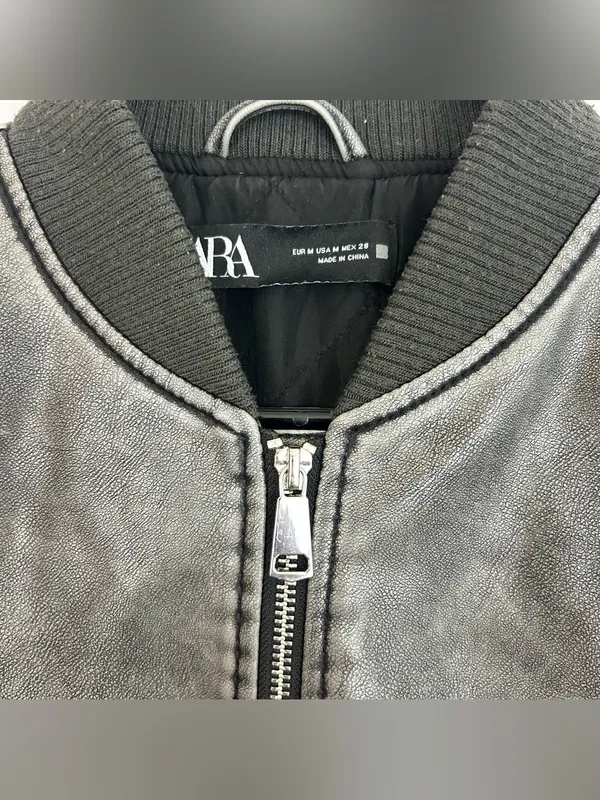 Zara Grey Zip Up Faux Leather Vegan Bomber Jacket Size Medium - Image 9