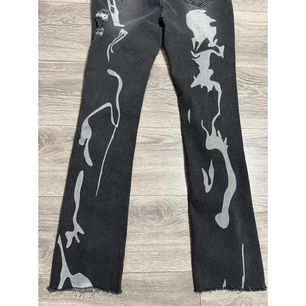 SheIn Womens Distressed Jeans Size L Graphic Print Black 28x29 High‎ Rise Straight Leg - Image 10