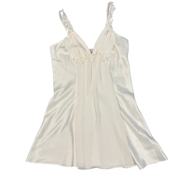 Flora Nikrooz Slip Dress Womens Small Ivory Satin Floral Strap Chemise - Image 8