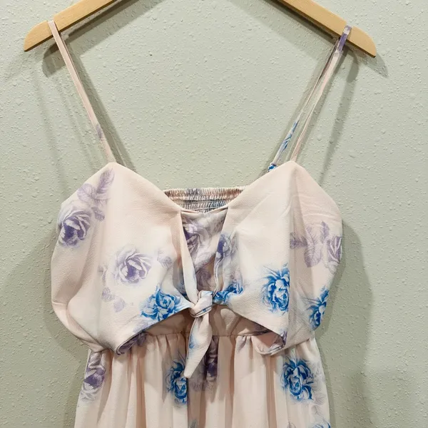 Floral Tie Front Tiered Ruffle Mini Dress Pink/Blue Rose Smocked Back Summer - L - Image 2