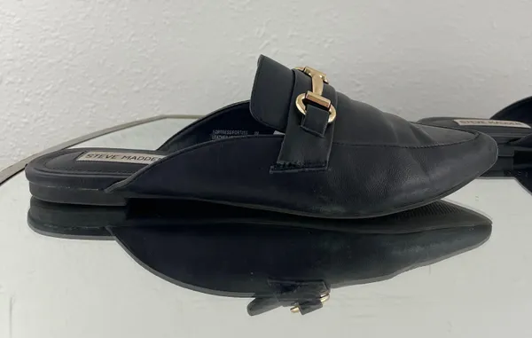 Black Leather Fortress Horse Bit Pointed Toe Slip On Loafer Mules - Image 5