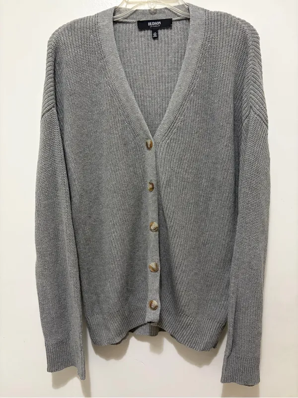 Hudson Jeans Cotton Button-Down Cardigan Sweater Grey Large - Image 4