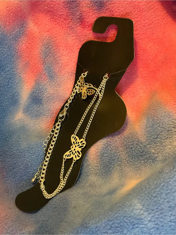 Silver Butterfly Layered Anklet with Toe Ring- Women Accessories - Image 4