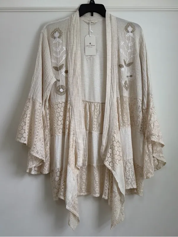 Young Threads Natural Embroidered Lace Boho Long Shrug Kimono NWT Size XL Flaw - Image 3