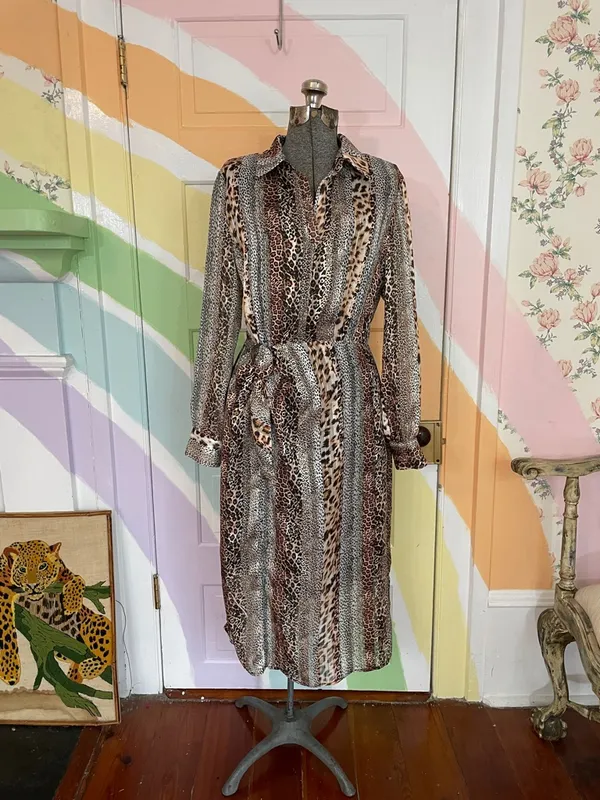 Sam Edelman Mixed Animal Print Satin Shirt Dress Semi Sheer Sz 8 💚🎀 - Image 3