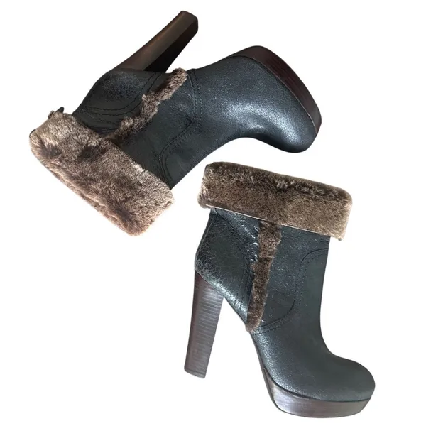 Tory Burch Shearling Cuffed Platform Booties Metallic Leather Fur Trim 8 - Image 7