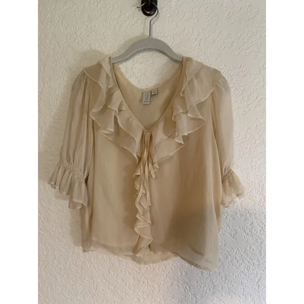 Joie Blouse Cream S Womens Ruffle V-Neck Sheer Chiffon Romantic Flowy Ivory - Image 13