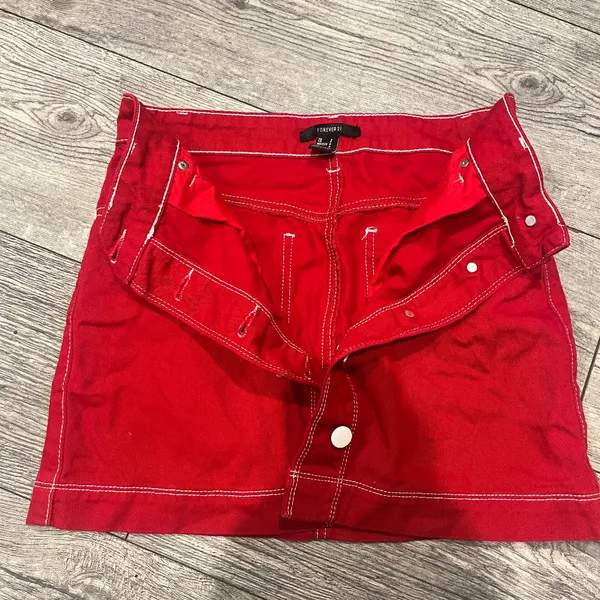 Forever 21 Womens Small Red Denim Mini‎ Skirt Button-Front - Image 6