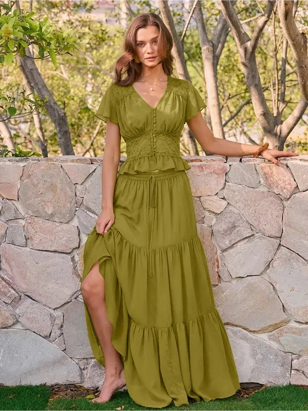Rihoas Green Elastic Waist Chiffon Maxi Skirt - Image 3