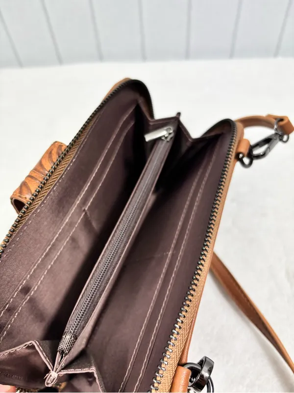 LAVAWA Tooled Brown Leather Crossbody Wallet with Turquoise Accent - Image 9