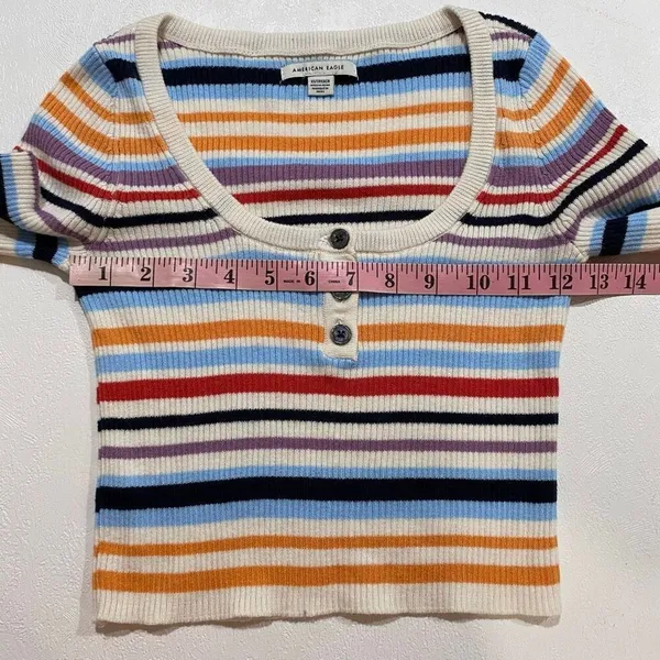 American Eagle Striped Ribbed Knit Crop Top Henley Long Sleeve XS - Image 5