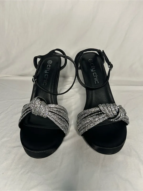 City Chic Black Ankle-Strap Heels with Silver Knotted Accent 9w - Image 4