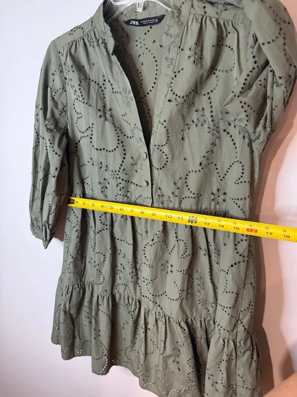 ZARA Olive Eyelet Tiered Mini Dress - Image 7