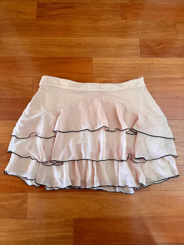 Zara Blush Pink Tiered Chiffon Ruffle Black Trim Mini Skirt - Image 4
