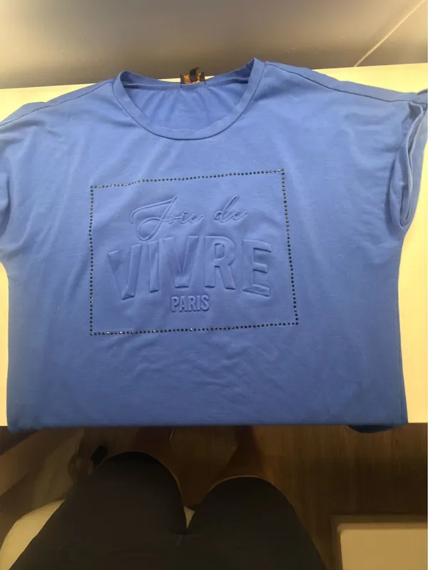 Blue “Vivre Paris” Embossed Graphic T-Shirt | Short Sleeve Casual Tee - Image 3