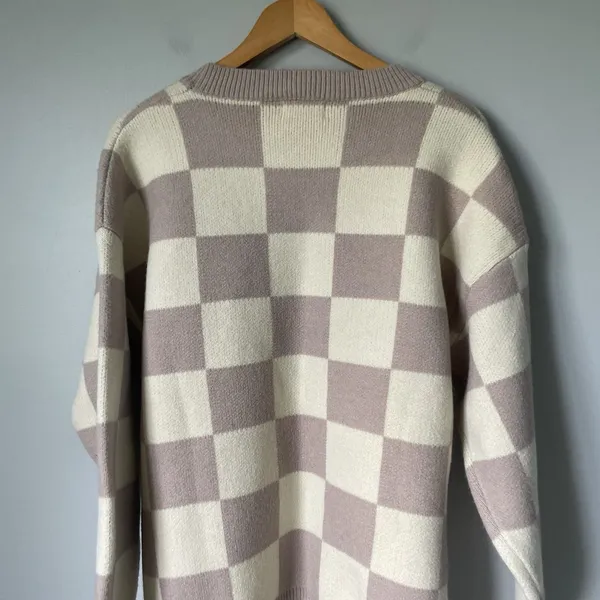 Bohme Boutique Knit Boho Sweater Crewneck Checkered Pattern Brown Cream Size Med - Image 6