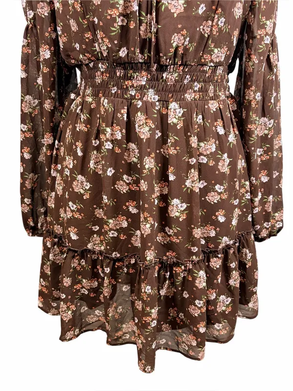 LIVE TO BE SPOILED Y2K Brown Chiffon Pink Floral Long-Sleeve Ruffled Mini Dress‎ - Image 4