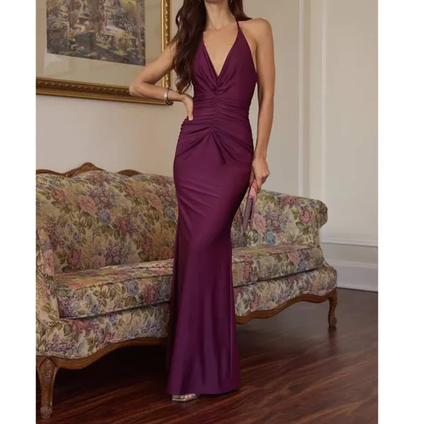 NEW Lulus Zaniya Plum Ruched Halter Open Back Jersey Mermaid Maxi Dress Large - Image 3