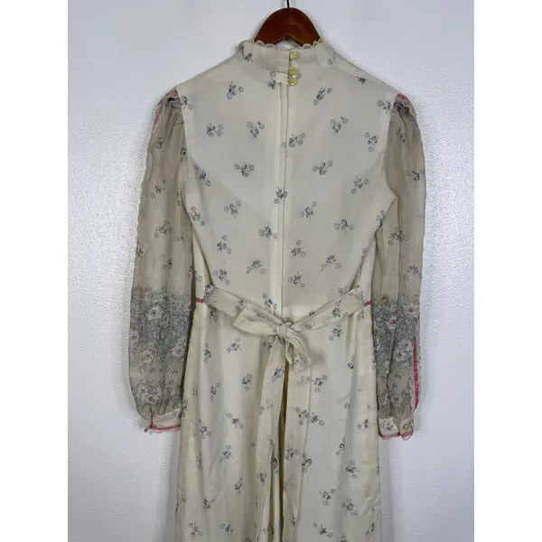 Vintage 70s Floral Prairie Maxi Dress Lace Trim Cottagecore Sheer Sleeve Cream - Image 6