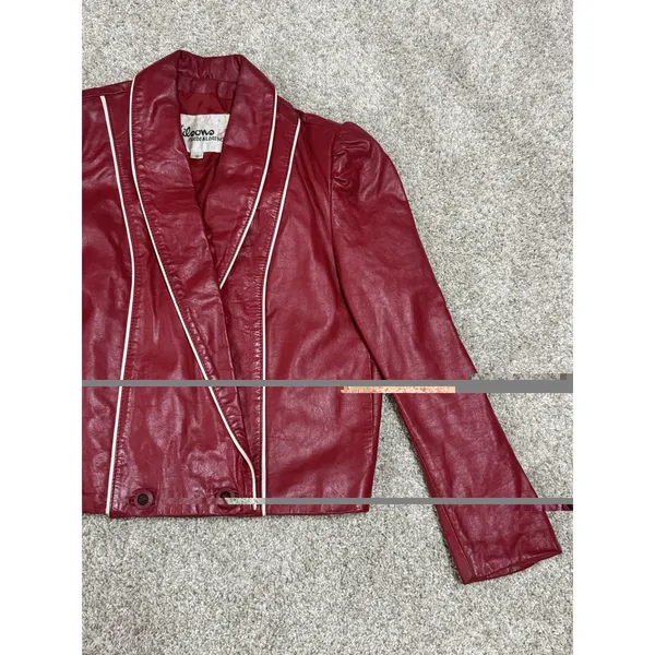 Vintage 80s Wilsons Red Genuine Leather Puff Sleeve Cropped Jacket Size 12 - Image 7