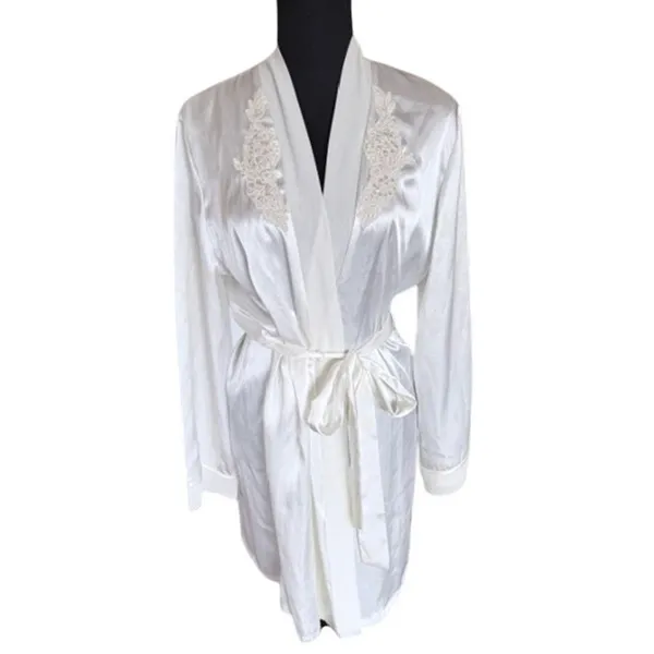 Linea Donatella Satin Robe Ivory Lace Trim Tie Waist S/M bride honeymoon - Image 2