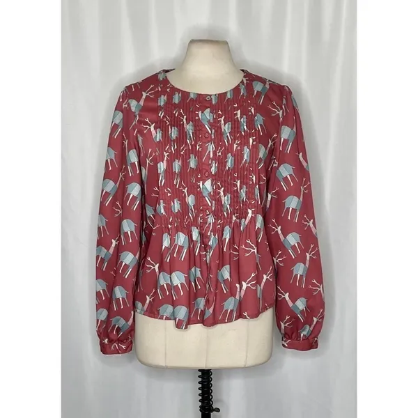Anthropologie GEISHA DESIGNS Reindeer Deer Print Pleated‎ Top Blouse Medium - Image 2