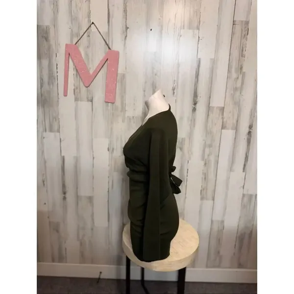Love Always Olive Green Wrap Mini Dress Size MED Long Sleeve Bodycon Tie Waist V - Image 2