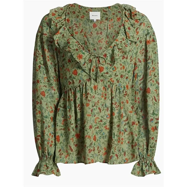 Reformation Wyn Floral Ruffled Top in green 4 - Image 2