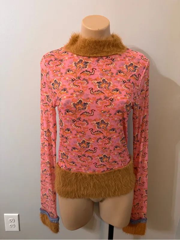 Free People Cosmo Cuff Fuzzy Furry Mesh Sheer Pink Combo Rose Long Sleeve Top XL - Image 2